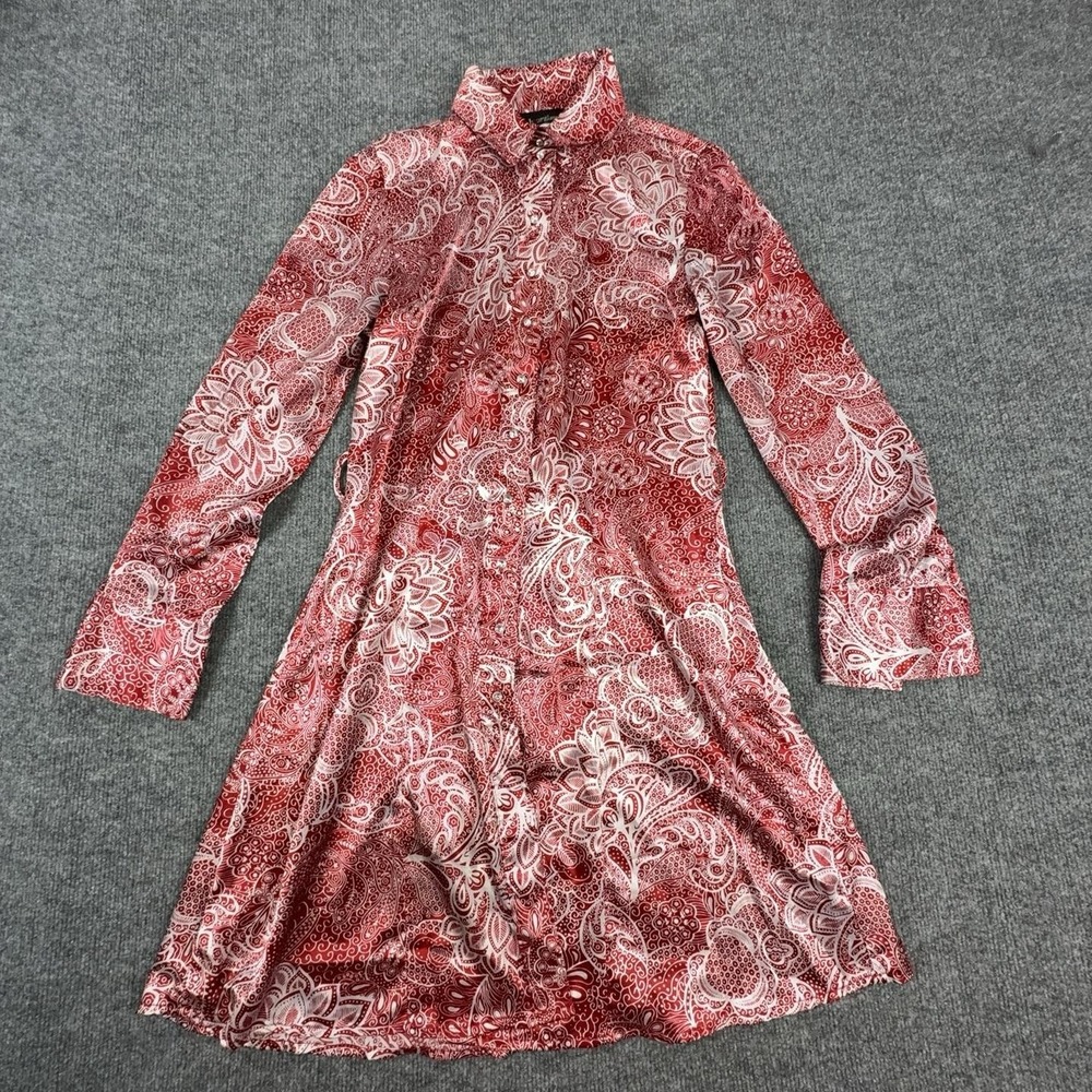 Hourglass Shirt Dress Womens Medium Red Paisley Rhinestone Snap Long Sleeve